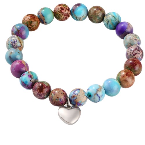 Purple Emperor Stone Bracelet Elastic Cord Bead Heart Pendant 8mm White Pine Emperor Stone Women with Card Amethyst