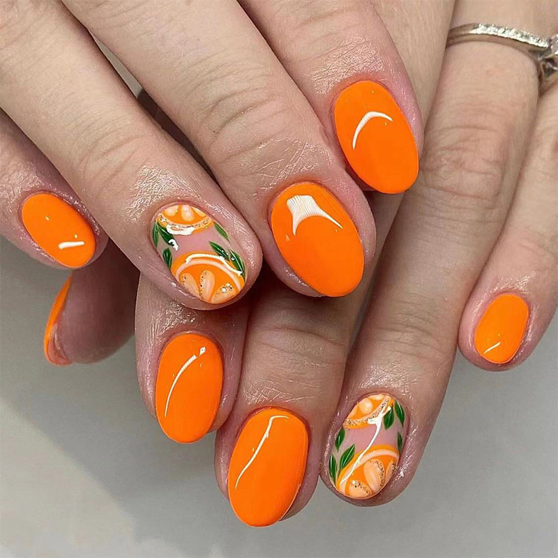 Short oval early spring contrast color fresh orange simple fresh sweet spring foreign trade wear nail nail 24 pieces Short oval early spring contrast color fresh orange simple fresh sweet spring foreign trade wear nail nail 24 pieces