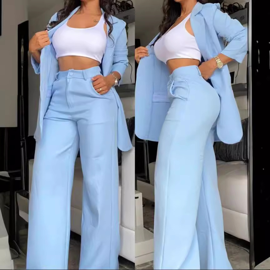 Conjunto de traje para mujer con mangas abiertas y pantalones rectos en color sólido, elegante, verano 2024 estilo europeo, mayorista transfronterizo