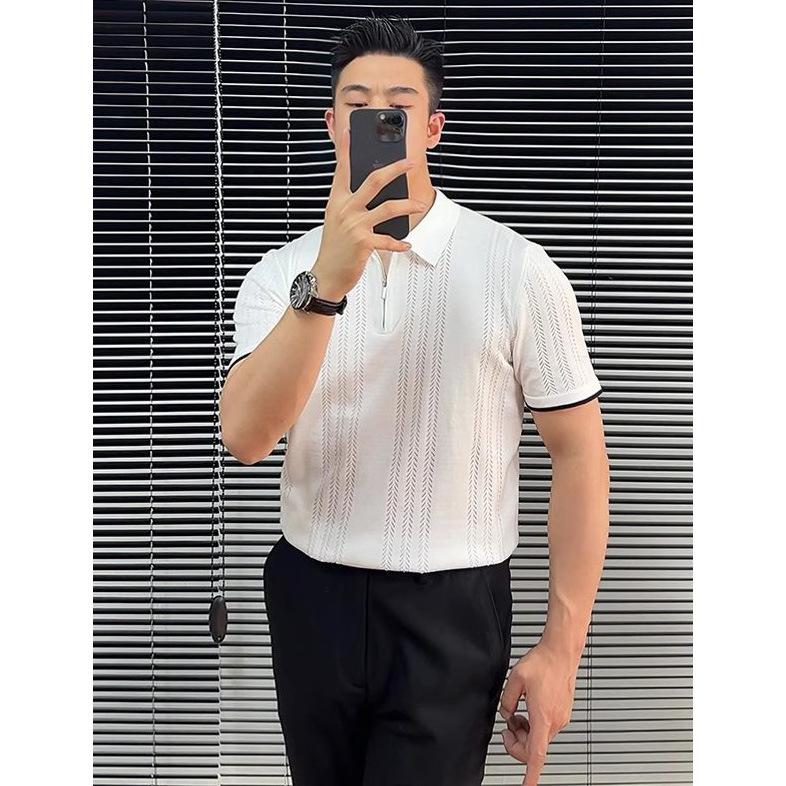 Polo camiseta de punto camiseta de manga corta hombre solapa medio cremallera hueso de pez hueco camiseta de hielo de verano fábrica transfronteriza al por mayor