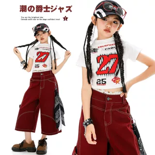 爵士舞服装女童露脐时髦短袖套装女孩少儿jazz舞蹈练功演出服街舞