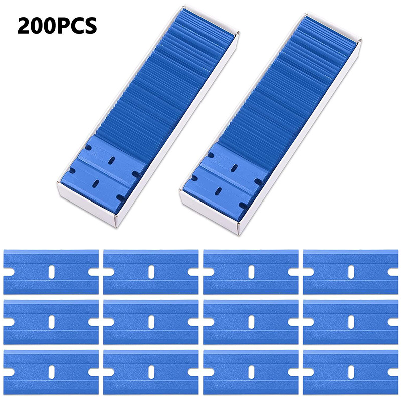 200PCS塑料剃刀刀片双刃套装安全玻璃带塑料刀片去除贴纸标签蓝色