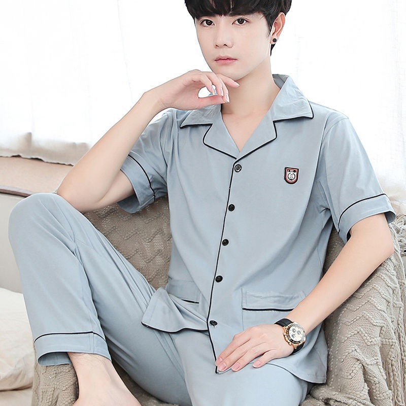 Pijamas de los hombres 100% algodón primavera y verano papá adolescentes manga corta delgada homewear traje