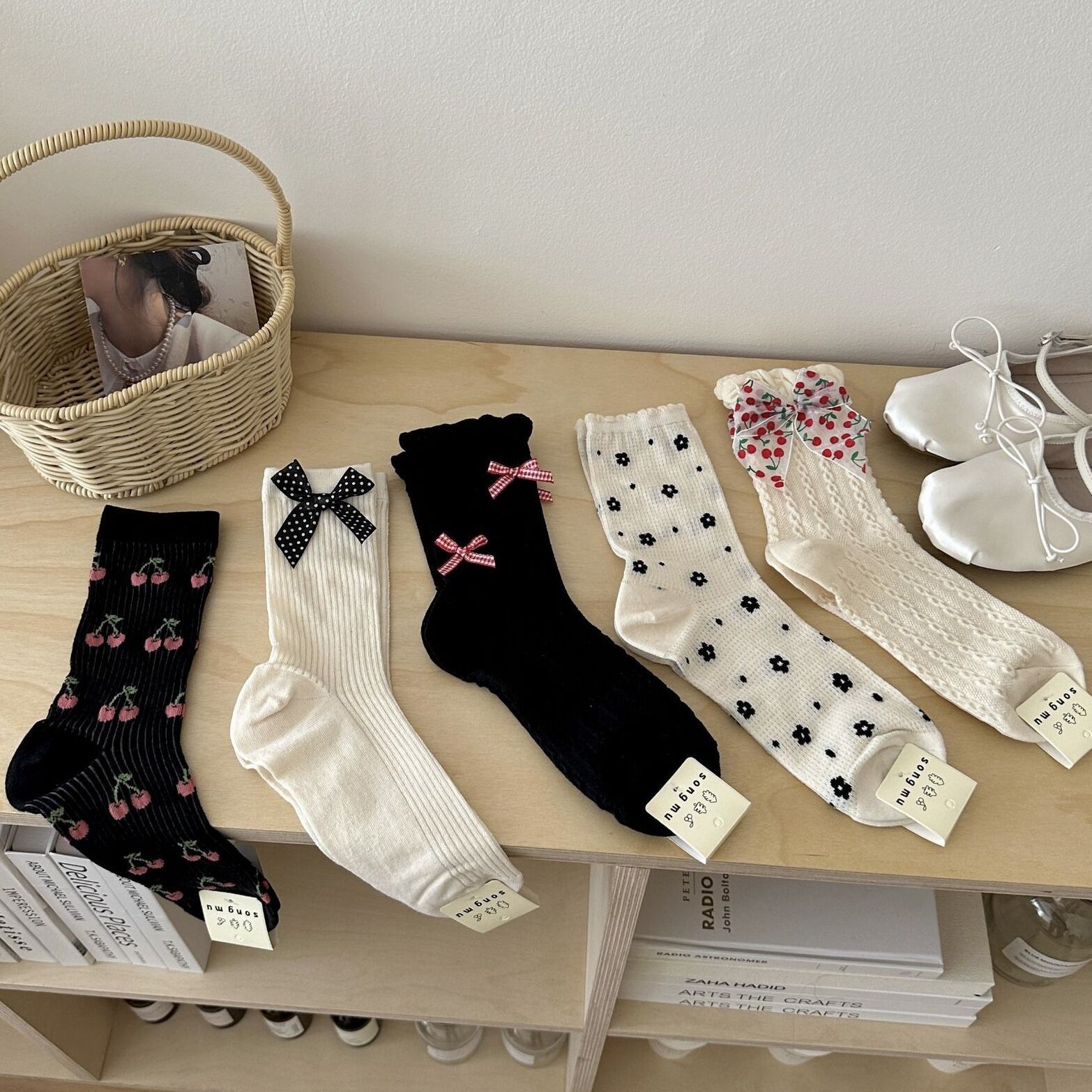 y2k系列新款限定大蝴蝶結甜美少女中筒襪日系櫻桃堆堆襪網眼棉襪
