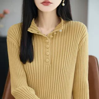 法式设计感纽扣半高领坑条针织衫女修身纯棉线打底衫毛衣百搭上衣