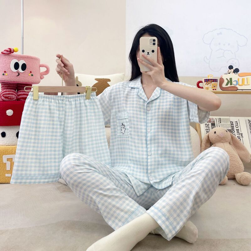 日韩网红直播云朵棉睡衣女士三件套卡通印花翻领春夏季家居服套装|undefined