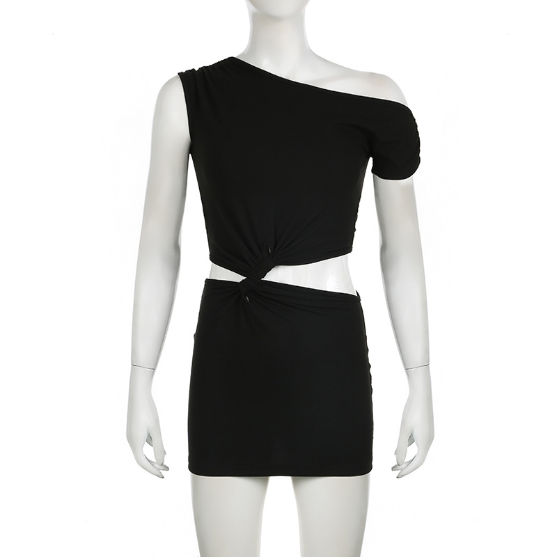 Women Clothing Personalized Shoulder Solid Color Hollow Out Cutout Out Cropped Twisted Stitching Hip Dress Sleeveless Dress