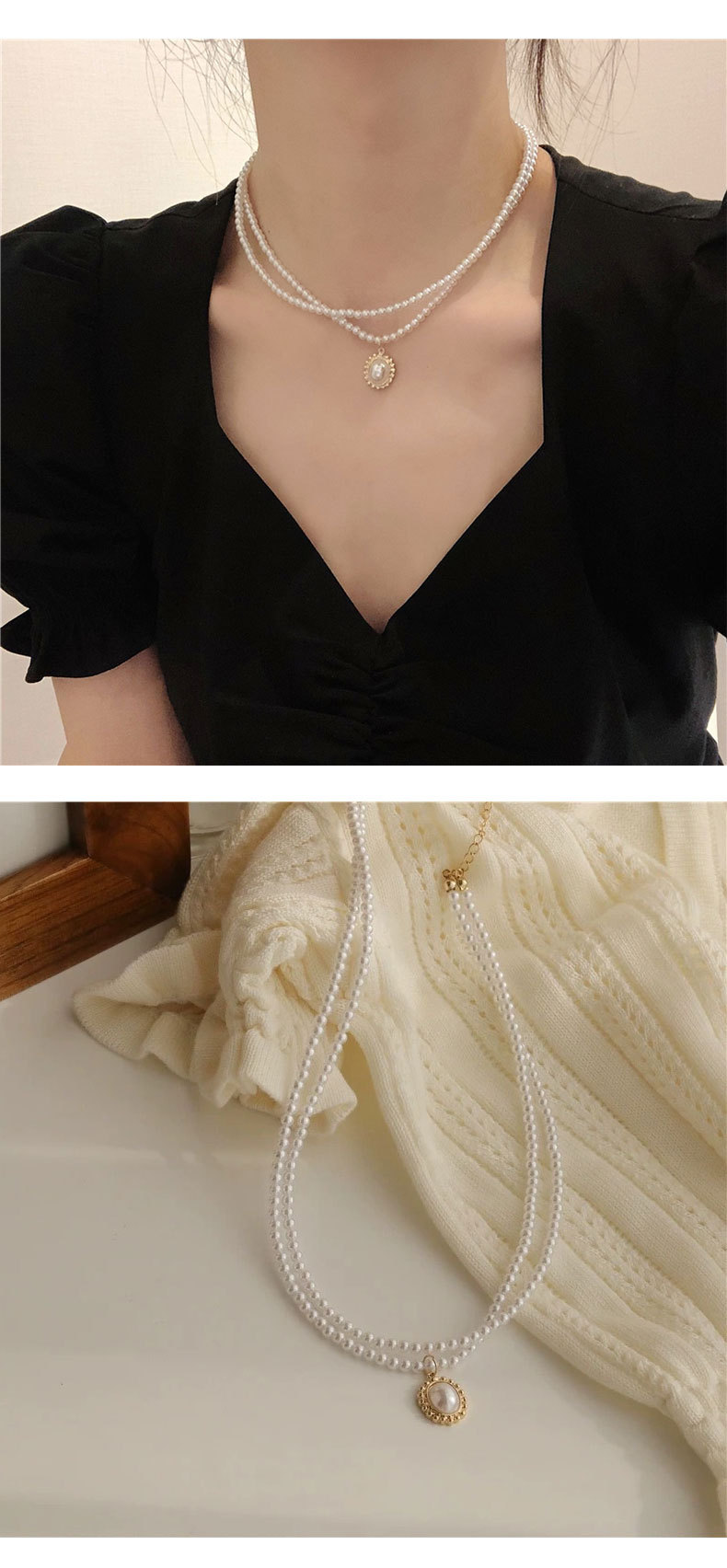 Fashion Round Copper Beaded Pearl Inlay Pearl Zircon Necklace 1 Piece