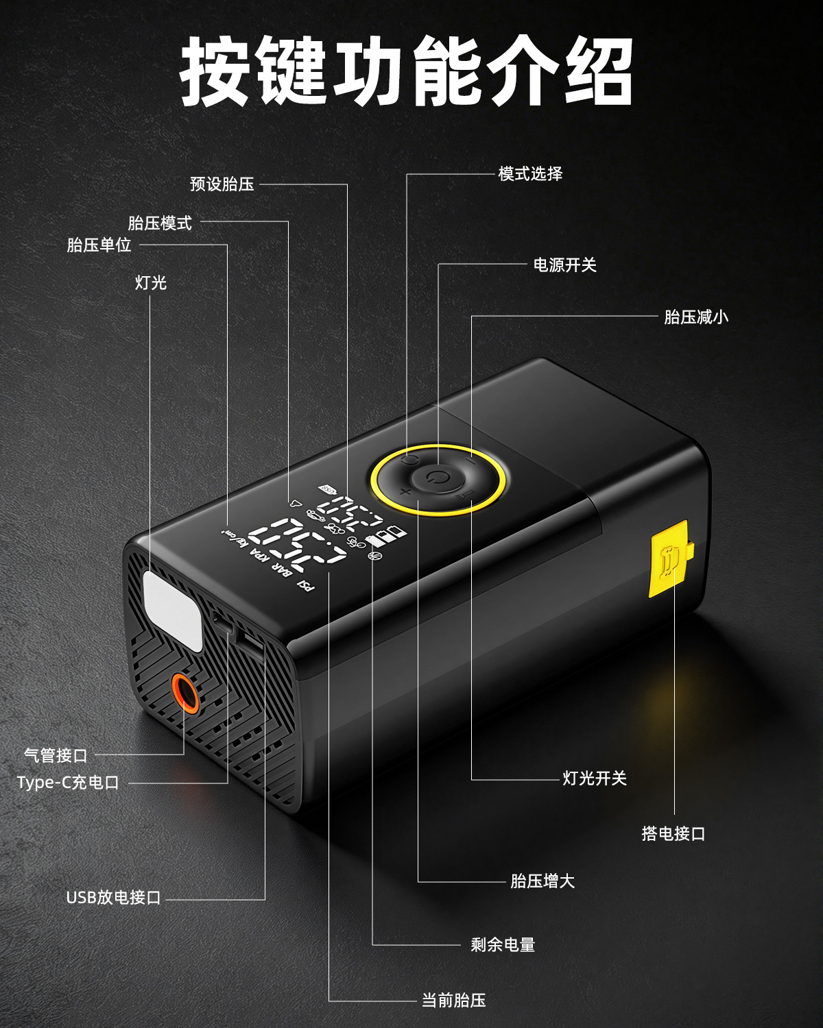 Intelligent digital display car wireless air pump all-in-one device with power bank, portable lighting, and car backup power source