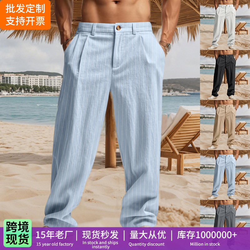 Cross-Border Spring and Autumn Linen Casual Trousers Amazon Summer Thin Striped Zippered Straight-Leg Men's Dress Pants Cross-Border Spring and Autumn Linen Casual Trousers Amazon Summer Thin Striped Zippered Straight-Leg Men's Dress Pants