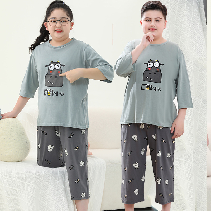 太った子供服の男の子の大きいサイズの夏服の薄いタイプのエアコンの服は肥えて家の服の青少年のパジャマの2セットのファッションを増加します。|undefined