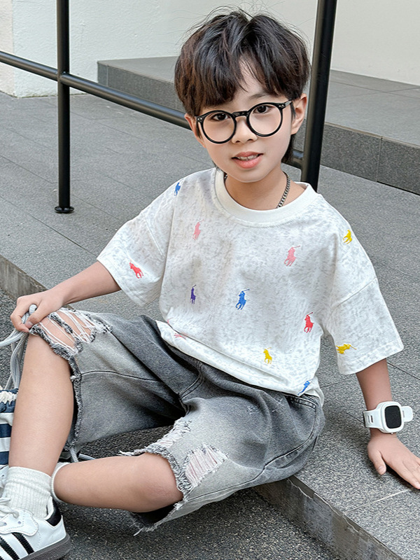 7378 Traje de verano para niños Camiseta de manga corta de dibujos animados para niños coreanos Pantalones vaqueros para bebés Pantalones cortos de verano Ropa delgada 3