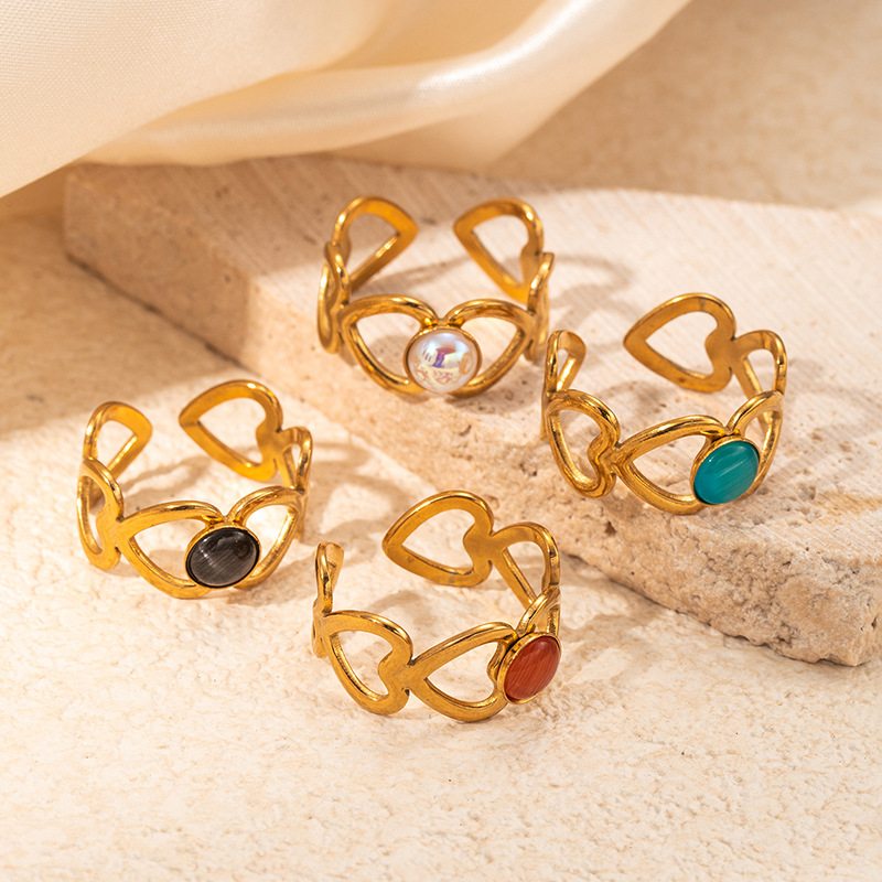 5g Weight 0.03µm Gold Plating Thickness Electroplated Gold Plating Process Golden Plated Plating Material Cat's Eye Stone Inlay Material Rings Classification 1 Piece Quantity Holiday, Daily Occasion 201 Stainless Steel Material Heart Shape Pattern Women's Gender Sweet, IG Style Style Inlay Craft Wholesale Jewelry IG Style Sweet Heart Shape Titanium Steel Natural Stone Gem Hollow Out Inlay Open Rings 5