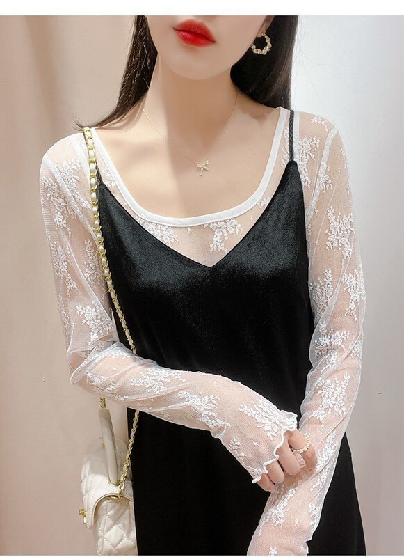 Transparent Lace Top for Women, Lace Bottoming Shirt, Sweater with See-Through Mesh Long-Sleeved Black Thin Sand Cut Out Gauze Shirt