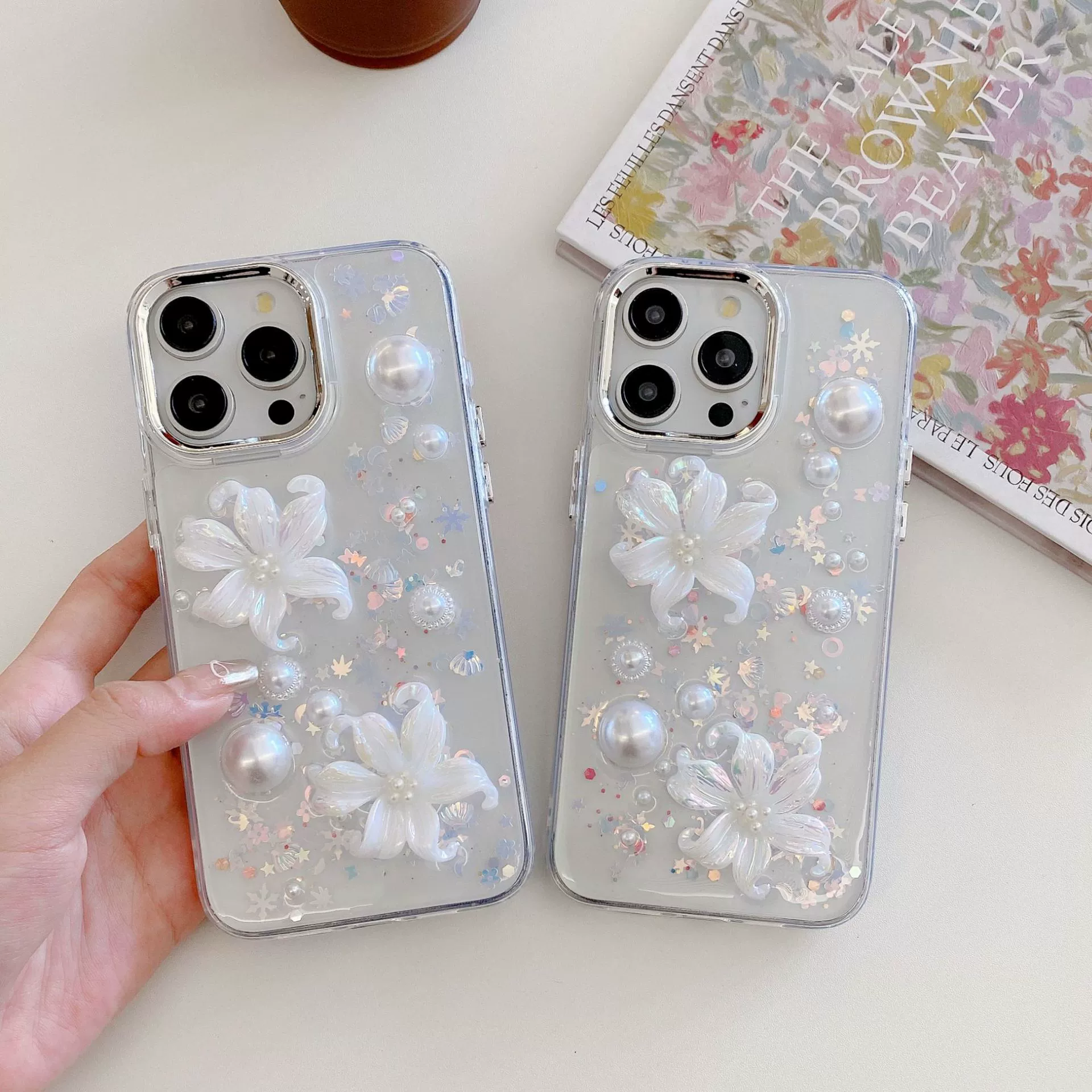 Apple, трехмерный совместимый чехол из жемчуга, iPhone 16, iPhone13 Pro, цветочный, iphone, 16promax