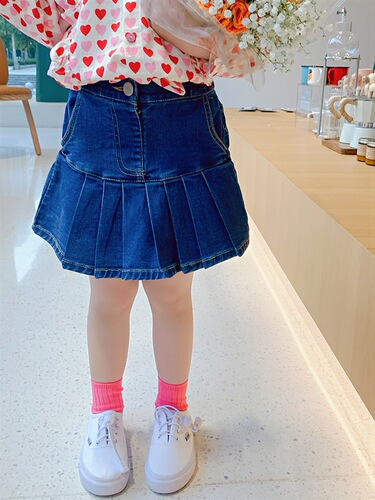 Western Red City Children's Elastic Denim Pleated Skirt  Spring New Stylish Baby Blue Skirt