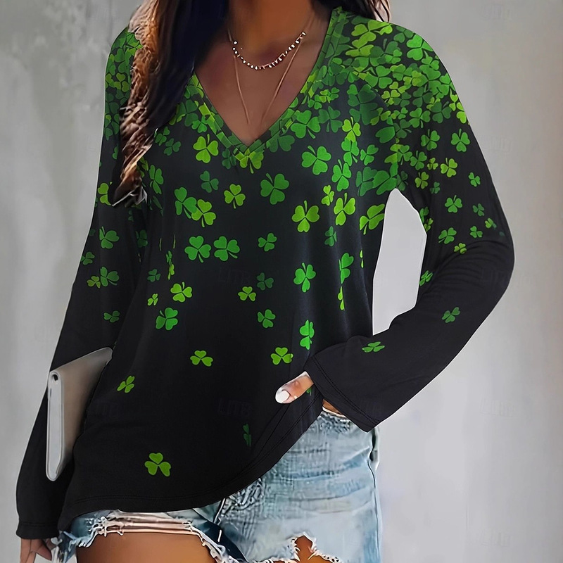 2026 Cross-Border St. Patrick's Day Long-Sleeved T-Shirt Women's Clover 3D Printed V Neck Long-Sleeved Top Starting from One Piece