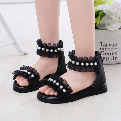 Children's Summer Lace Pearl Girl Sandals for Big Kids Korean Style Beach Sandals