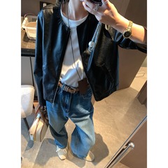 摩且 早秋新款 美式高级感做旧PU皮圆领宽松拉链皮衣外套 MQ0664