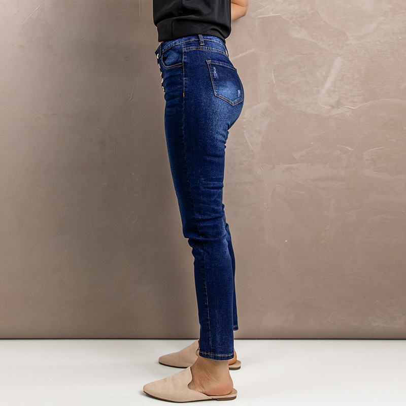 时颖牛仔裤女欧美跨境秋冬亚马逊新款单排扣小脚九分裤子女