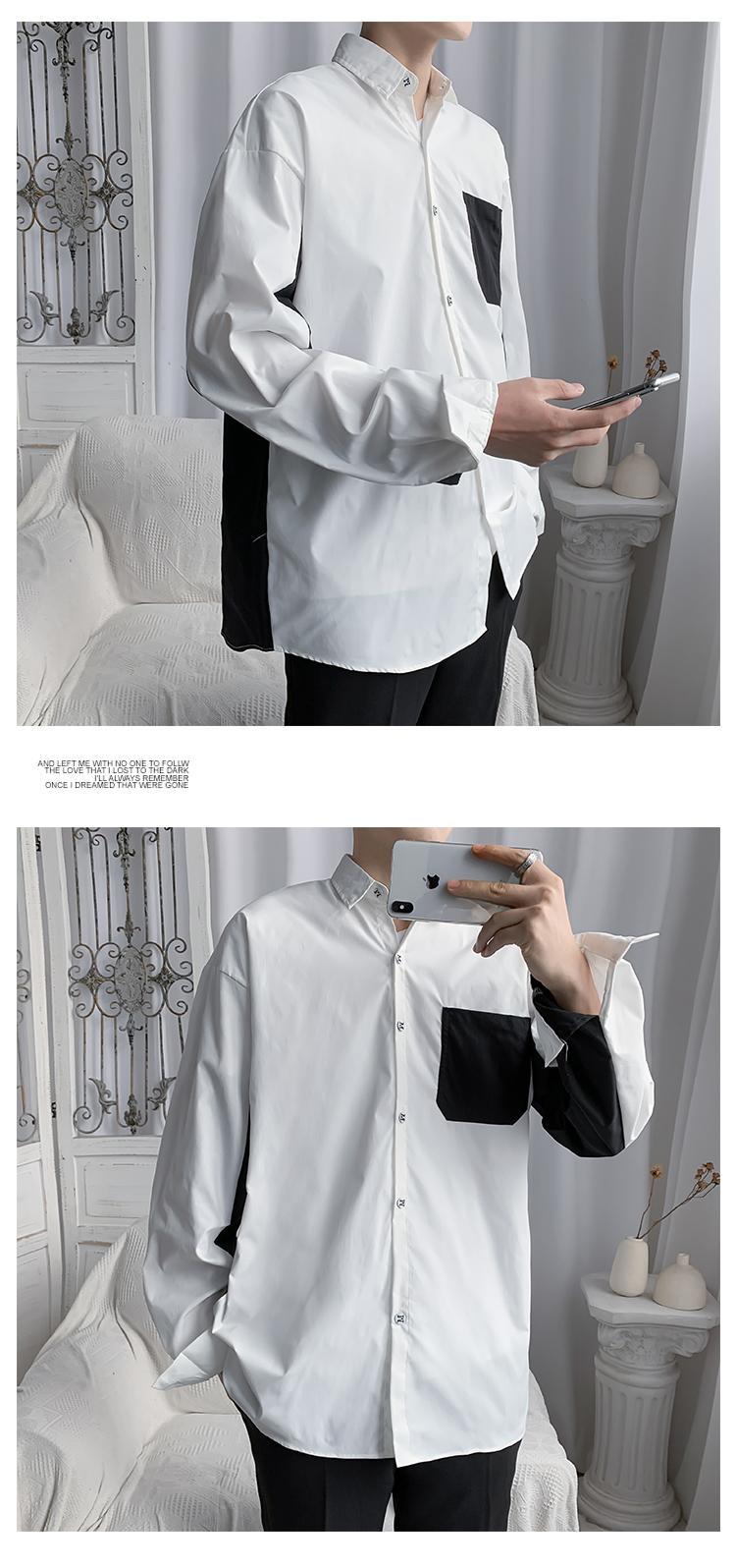 Men's Black And White Patchwork Long Sleeve Casual Shirt Trendy_voghion.com