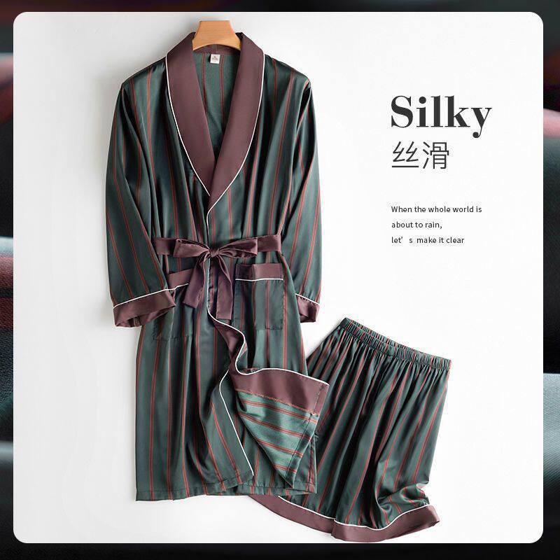 Cross-Border Men's Summer Silk Thin Pajama Set, Spring and Summer Silk Japanese-Style Striped Long Bathrobe for Men