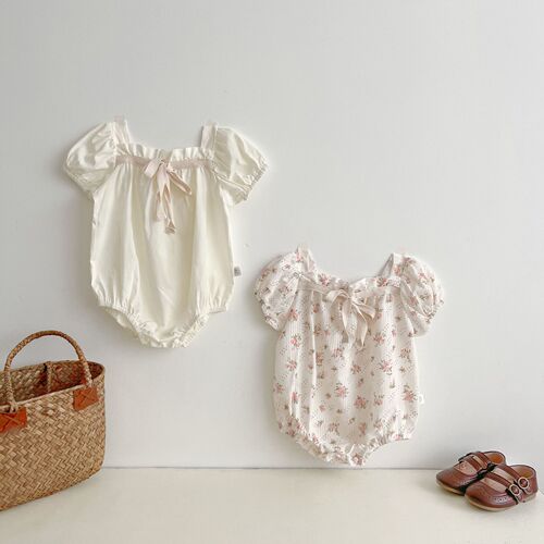 Summer Newborn Baby and Children's romper with small floral bow, for girls, bubble sleeve, diaper cover, crawling suit