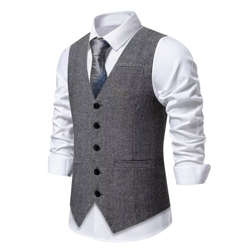 Cross-border European code men's herringbone fabric suit vest for men, business casual retro single-breasted herringbone pattern vest and jacket