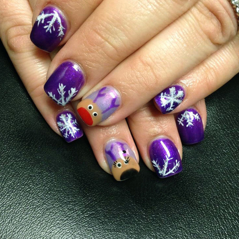 Christmas Short Square Armor Purple Snowflake Big Head Deer Christmas Element Fake Nail Finished Wear Armor Holiday Nail Art