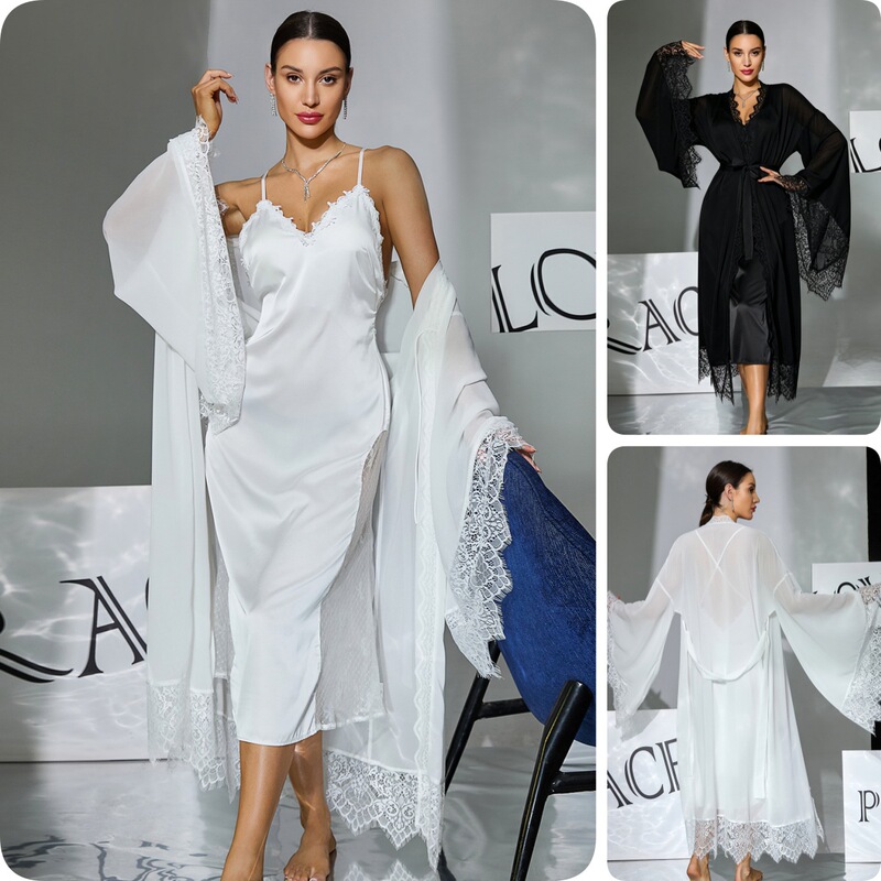 Elegant bridal loungewear set: lace nightgown with flared sleeves, outer robe, and slit-back long dress 1186+420