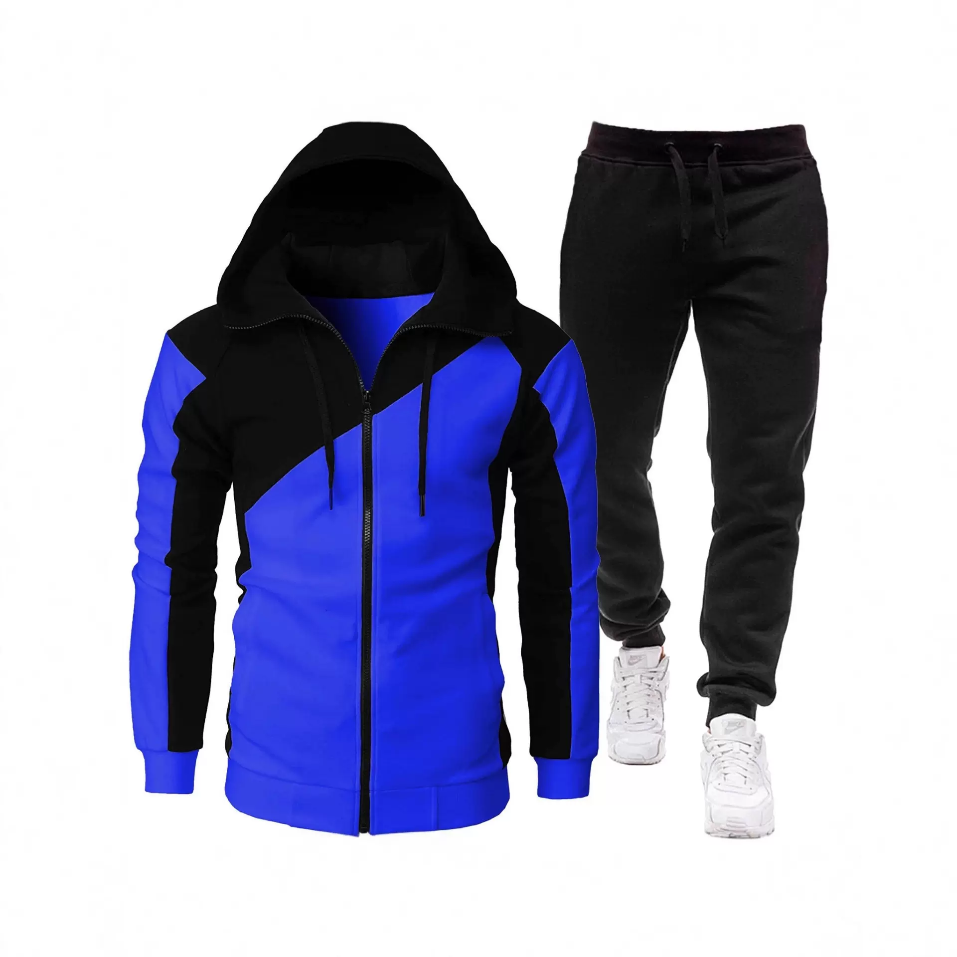 新款男士撞色连帽运动套装秋冬加绒修身两件拼接开衫卫衣束脚卫裤