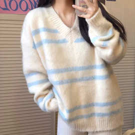 秋冬新款韩版针织衫学院风甜美撞色毛衣女学生宽松加厚上衣外套潮