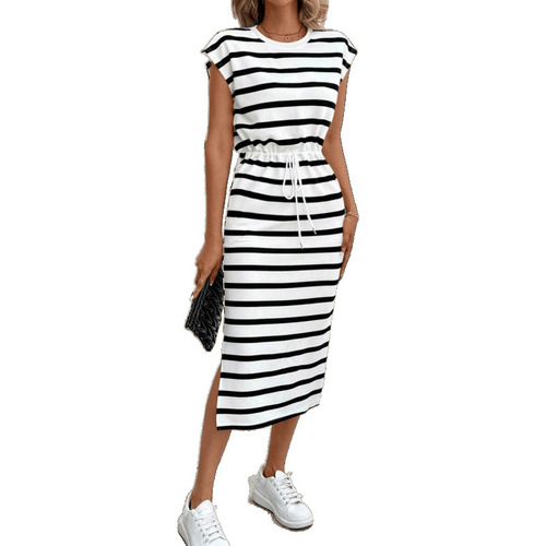 Women's Black and White Striped Split Neckline Casual Dress for Independent E-commerce Stores in Europe and America