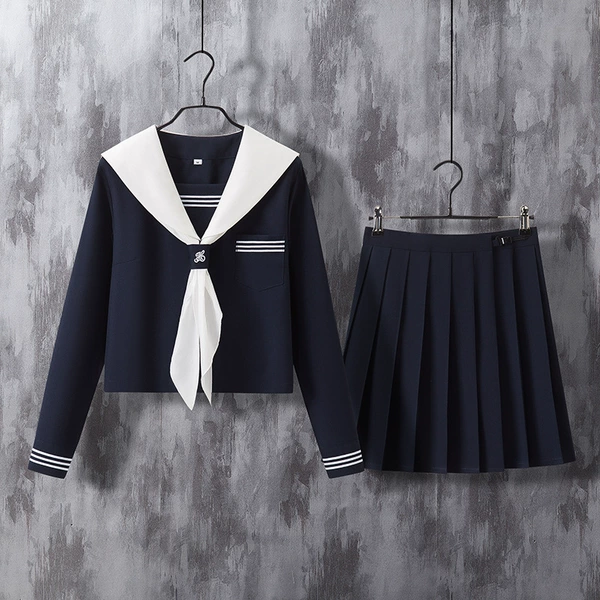 White -collar 袖 Three long sleeves+scarf+skirt