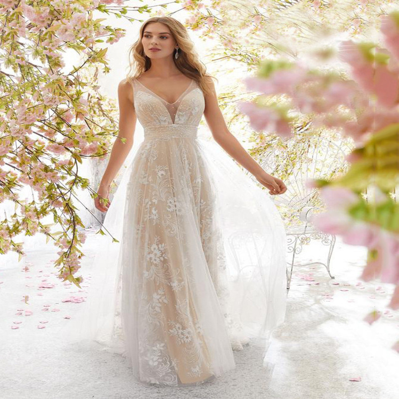 2025 European and American Export New Wedding Dress Wish Amazon Sexy V Neck Sleeveless Lace Wedding Dress