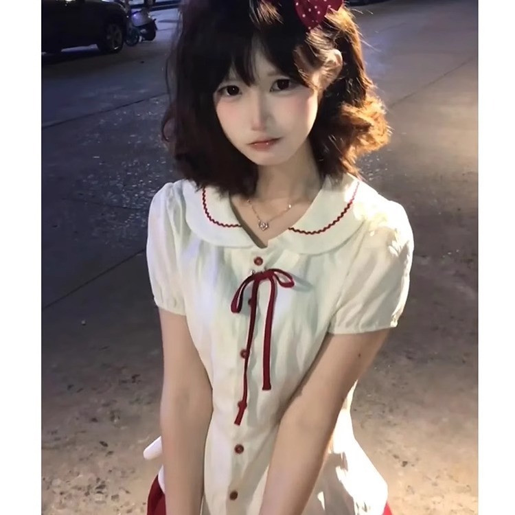 カレッジスタイルスリムスーツスカート女性のための夏の2025新しいスタイルベビードールカラー半袖シャツ+プリーツスカート2点セット|undefined