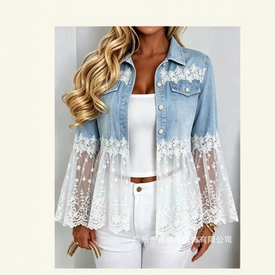 2026 Cross-Border Amazon Women's Lace Mesh Patchwork Bell Sleeve Denim Jacket