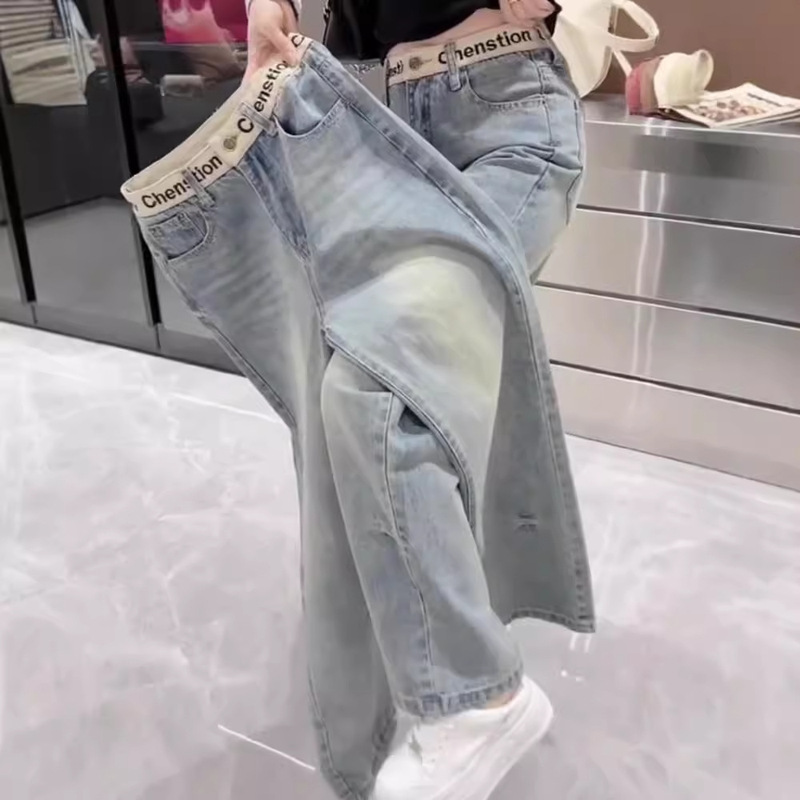 Narrow Stretch Straight Jeans Women's 2024 New Spring and Summer Slim Mop Pants plus size Embroidered Meat Covered Wide Leg Pants
