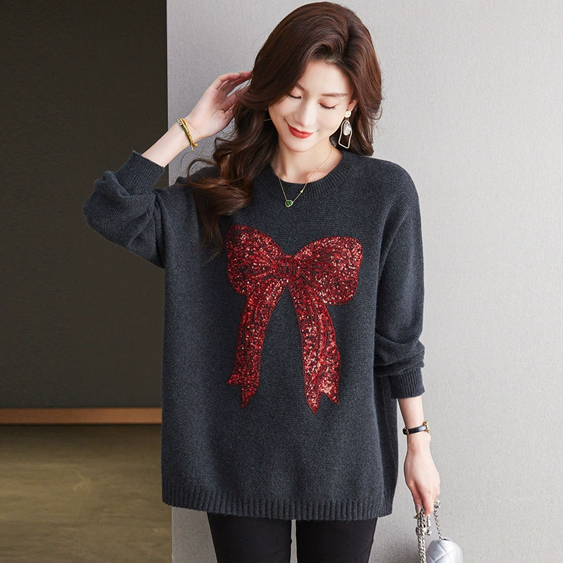 Nail sequins, demi-season knitted sweater with bow for leisure, with embroidery, oversize, fitted