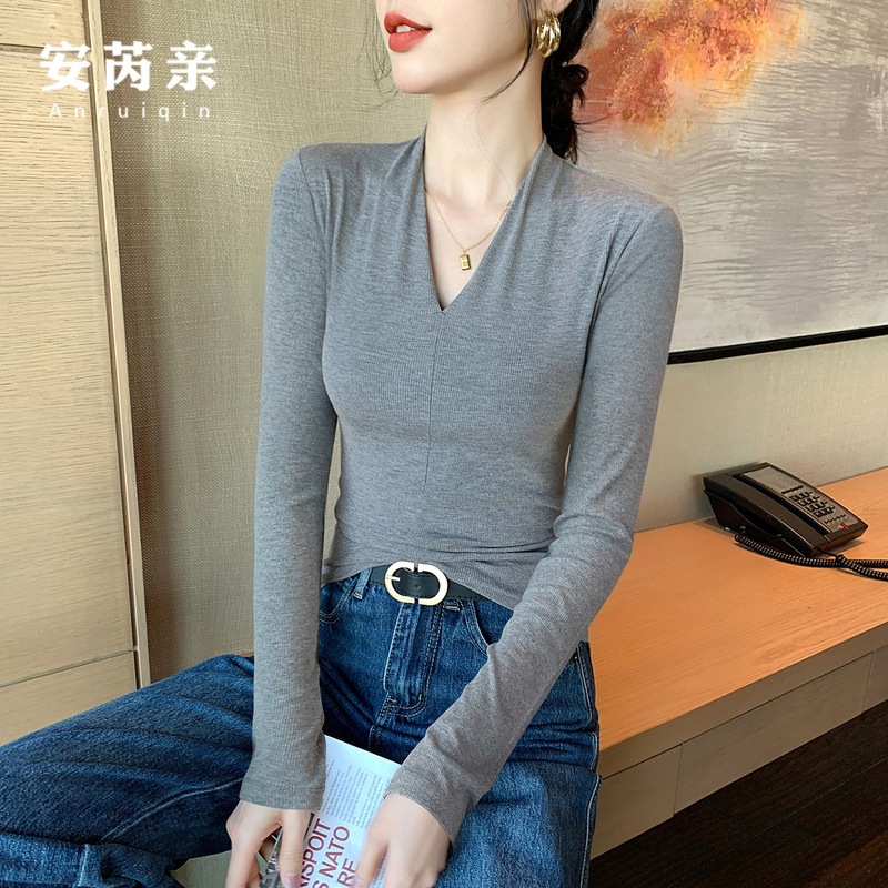 灰色V领打底衫女内搭早秋冬季高级感长袖正肩T恤洋气螺纹针织上衣|undefined