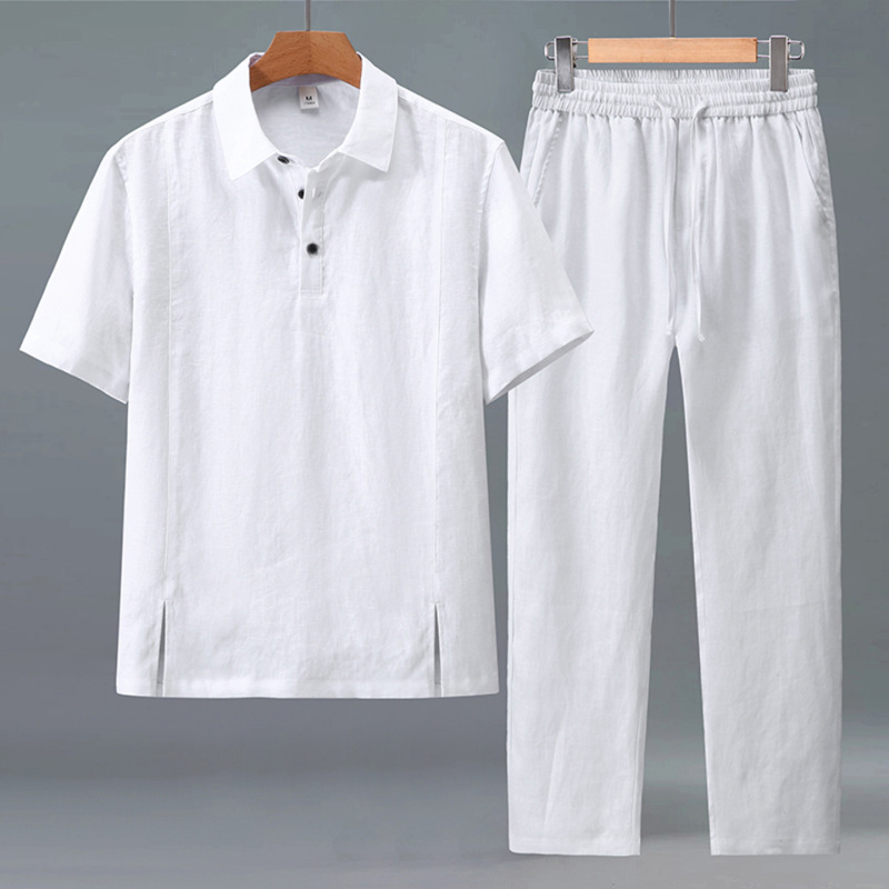 1517+3047 Chinese-Style Linen Shirt Men's Summer Short-Sleeved Long Pants Loose Thin Linen Polo Shirt Set