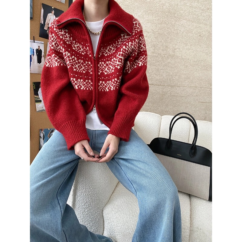 Sinan Holiday Atmosphere Retro Fair Isle Jacquard Two-Wear Collar Loose Double Zipper Knitwear Sn6770