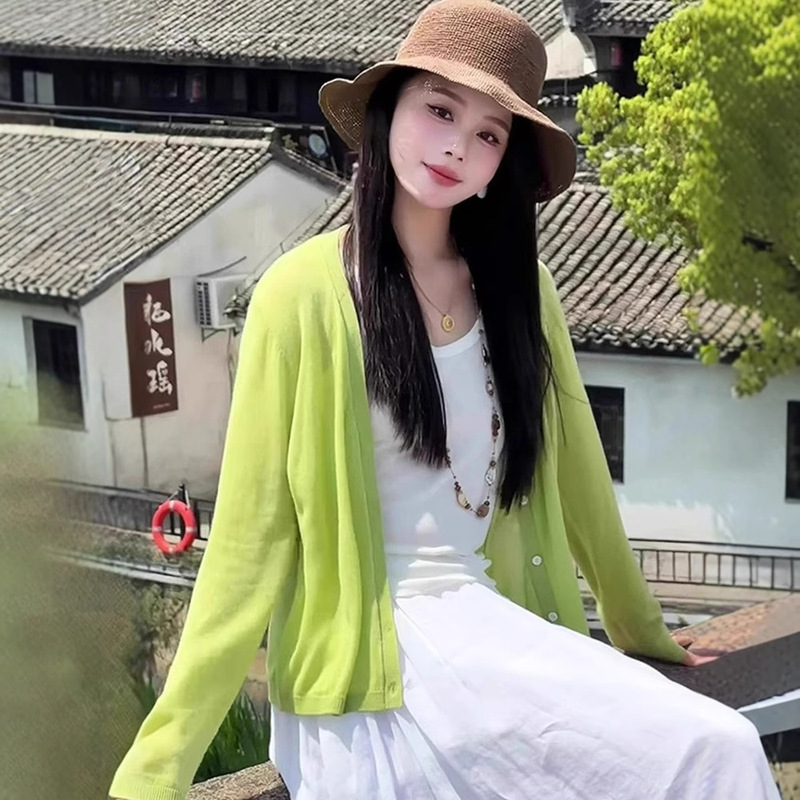 Summer Thin Outer Wear Sun Protection Knitted Cardigan Jacket with Suspenders 2025 New Long-Sleeved Ice Silk Knitwear Top