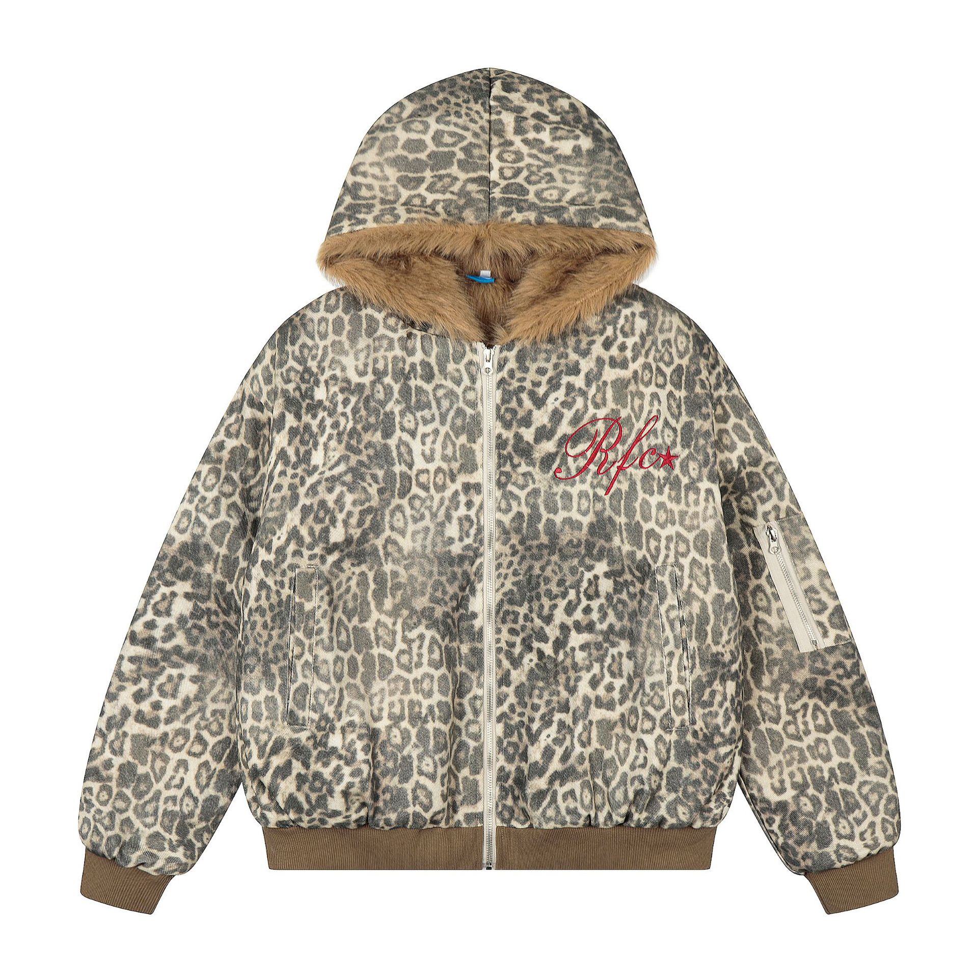 纵驰衣社美式复古迷彩毛绒豹纹连帽棉服冬季防寒棉衣百搭保暖外套