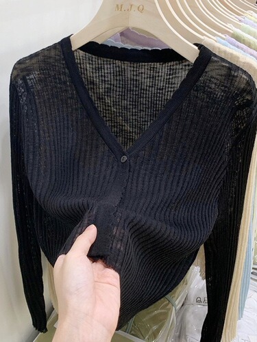 Knitted air-conditioning shirt, sun-protection shirt, women's bamboo hemp cardigan, long-sleeved spring and summer thin style, and short V-neck shawl top