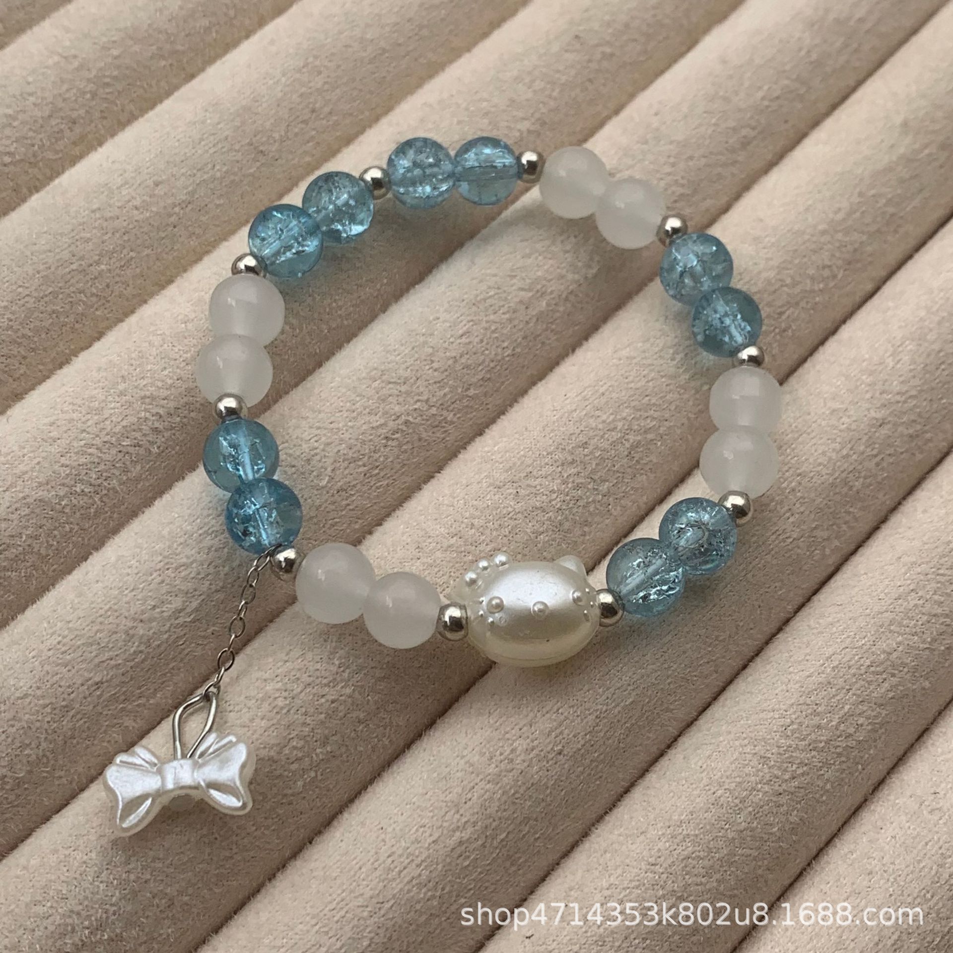 S185-8MM 블루 KT 고양이 리본 매듭 드롭 비즈 유리 팔찌#SZ1484용