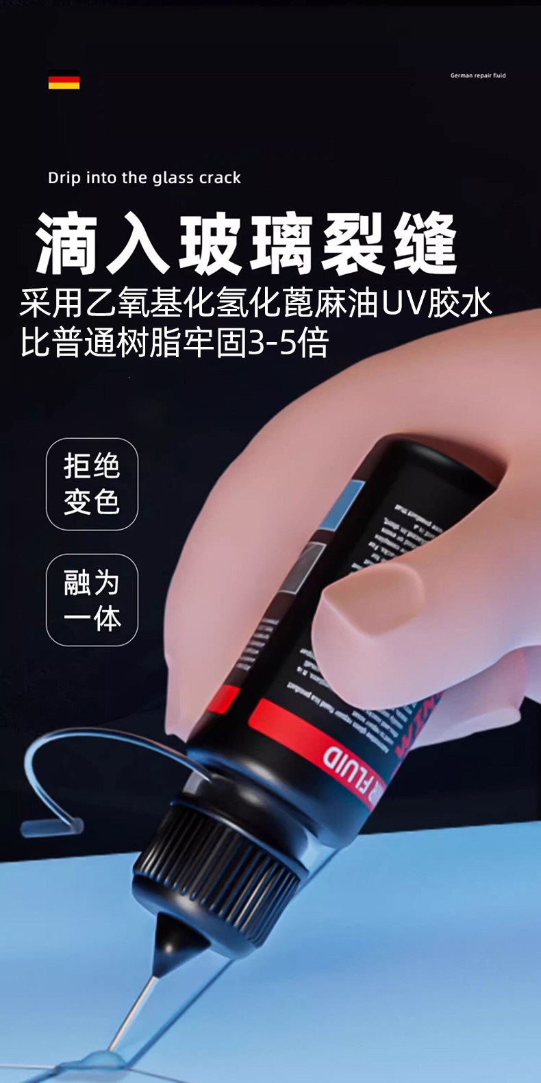 Suitable for German glass repair fluid, car front windshield crack, small pit, scratch restoration glue, mirror seamless repair