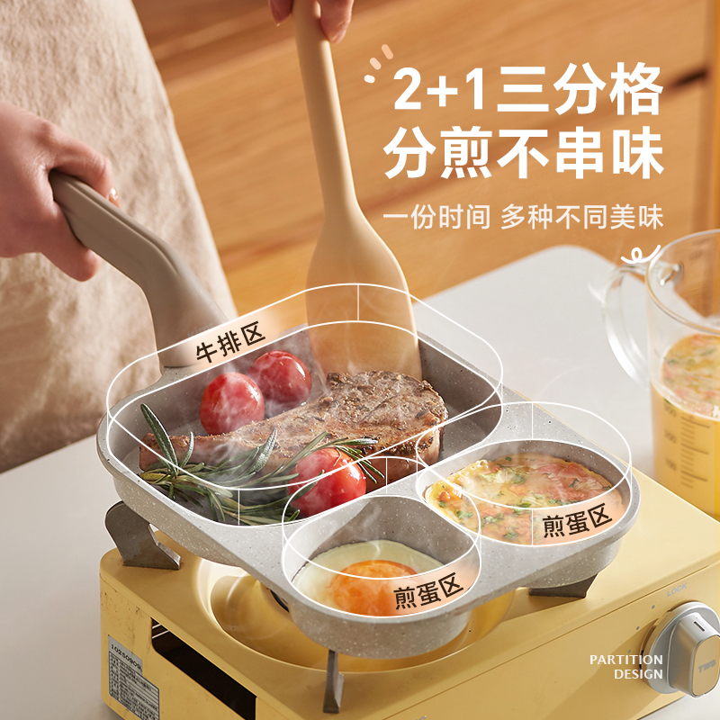 Olla de desayuno de huevo frito, hogar, sartén multifuncional de fondo plano tres en uno, filete frito, molde de hamburguesa, venta al por mayor, envío transfronterizo