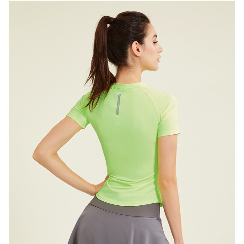 Ropa de ejercicios desnuda para mujeres delgada helada de cuello redondo con mangas de hombro para correr camiseta deportiva delgada ropa de yoga roja en línea