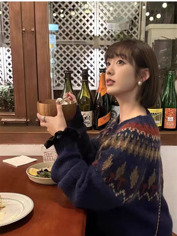 羊绒毛衣女25秋冬新款圆领打底衫加厚提花针织衫内搭上衣宽松撞色|undefined